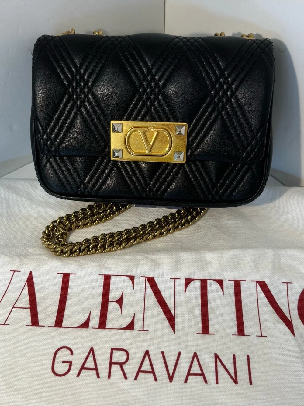 Valentino Garavani Black Quilted Leather Shoulder Bag with Gold Hardware
